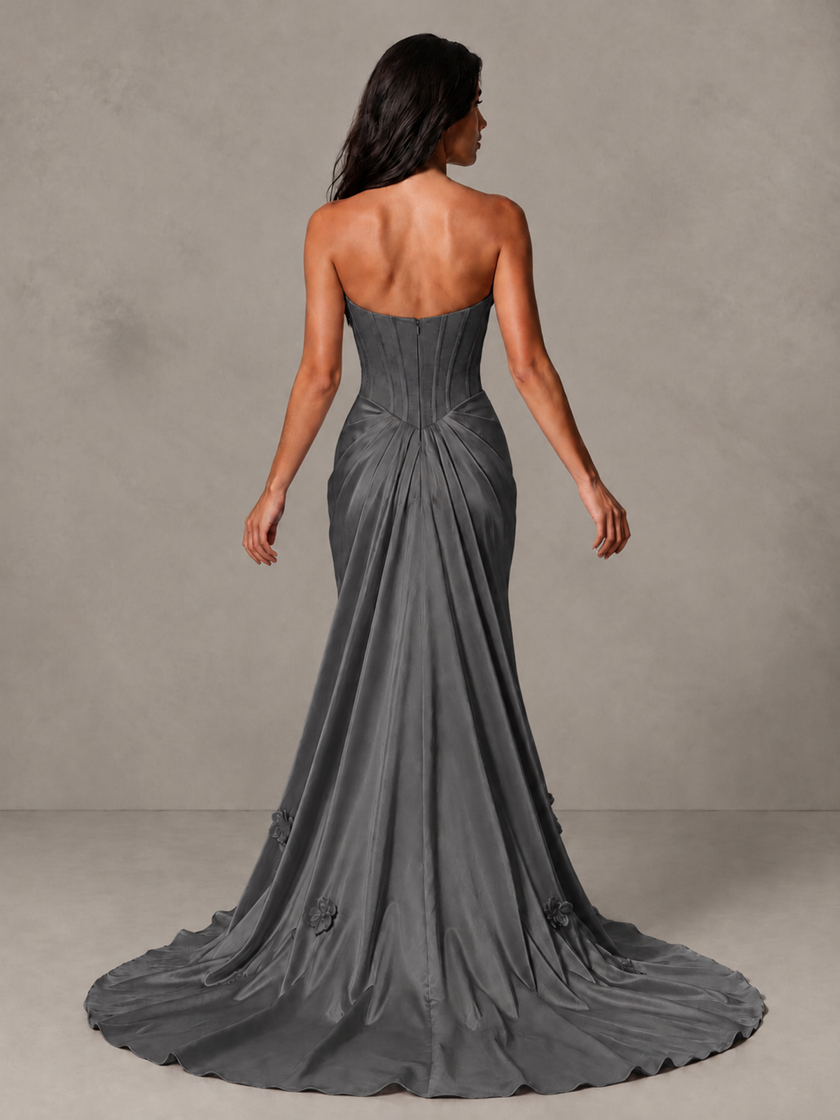BOLODOO Grey Strapless Floral Corset Evening Gown with Train - Grey - Grey_2