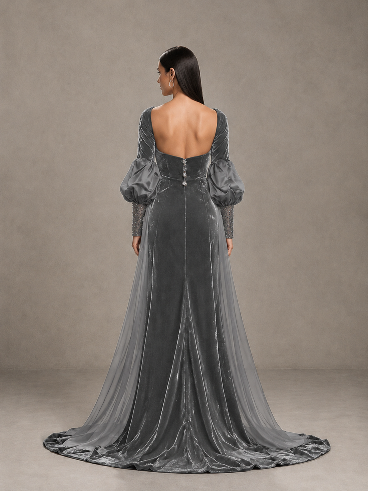 BOLODOO Grey Velvet Long Sleeve Open-Back Evening Gown - Grey - Grey_2