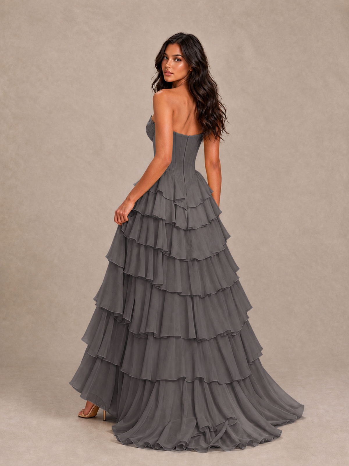 BOLODOO Grey Strapless Corset Tiered Ruffle Prom Dress with High Slit - Grey - Grey_2