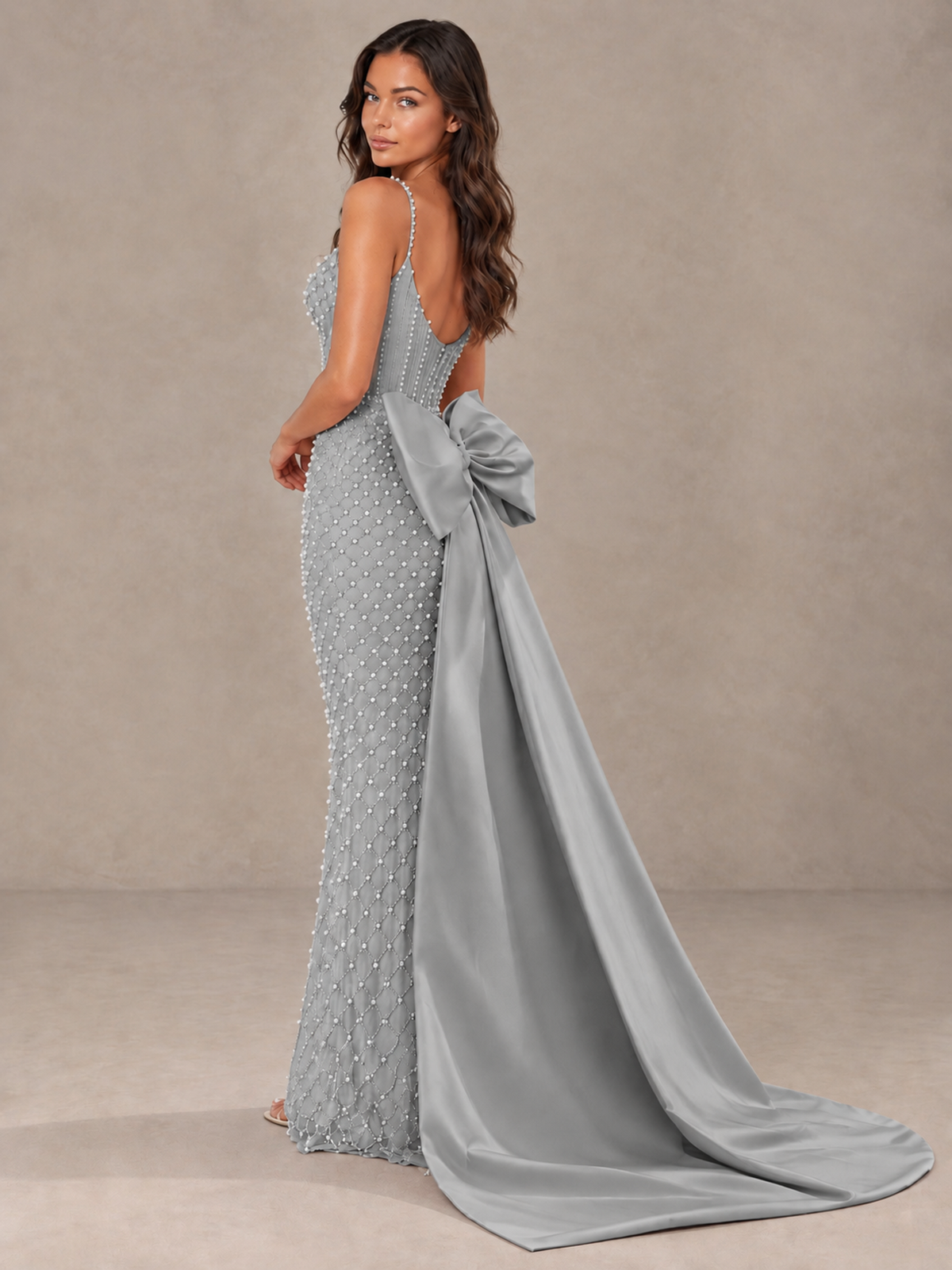 BOLODOO Grey Beaded Corset Prom Dress with Bow Train - Grey - Grey_2