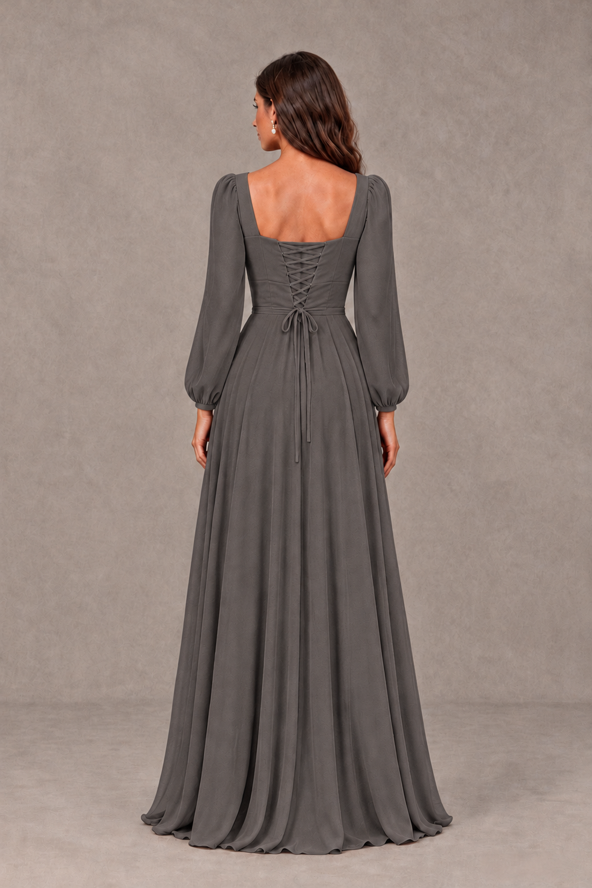 BOLODOO Grey Square Neck Long Sleeve A-Line Bridesmaid Dress - Grey - Grey_2
