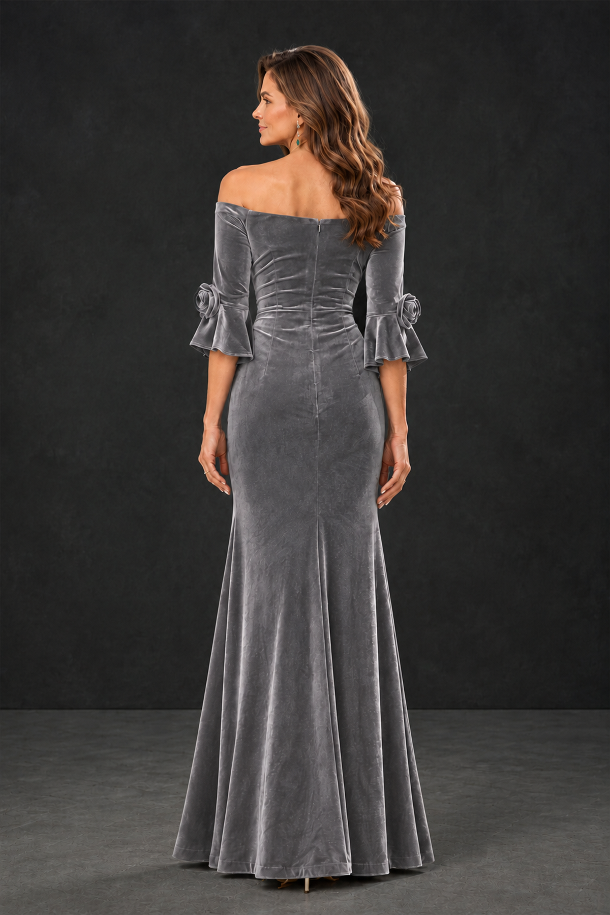 BOLODOO Grey Velvet Mother of the Bride Dress with Rosette Sleeves - Grey - Grey_2