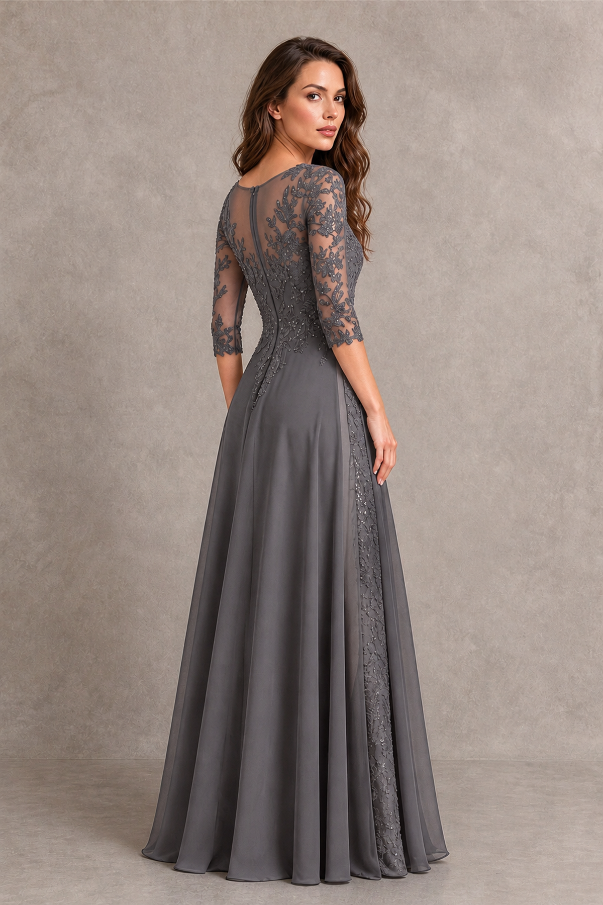 BOLODOO Midnight Grey Beaded Lace Appliqué Chiffon A-Line Gown | Mother of the Bride & Formal Evening Dress - Grey - Grey_2