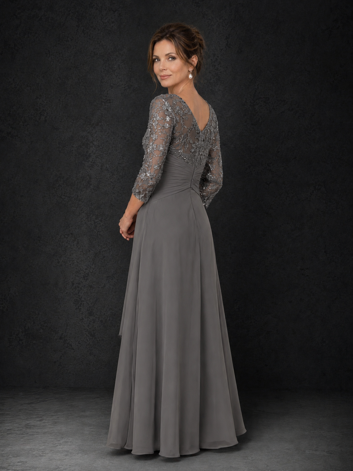 BOLODOO Grey Sequin Lace & Chiffon Tea-Length Mother of the Bride Dress with 3/4 Sleeves - Grey