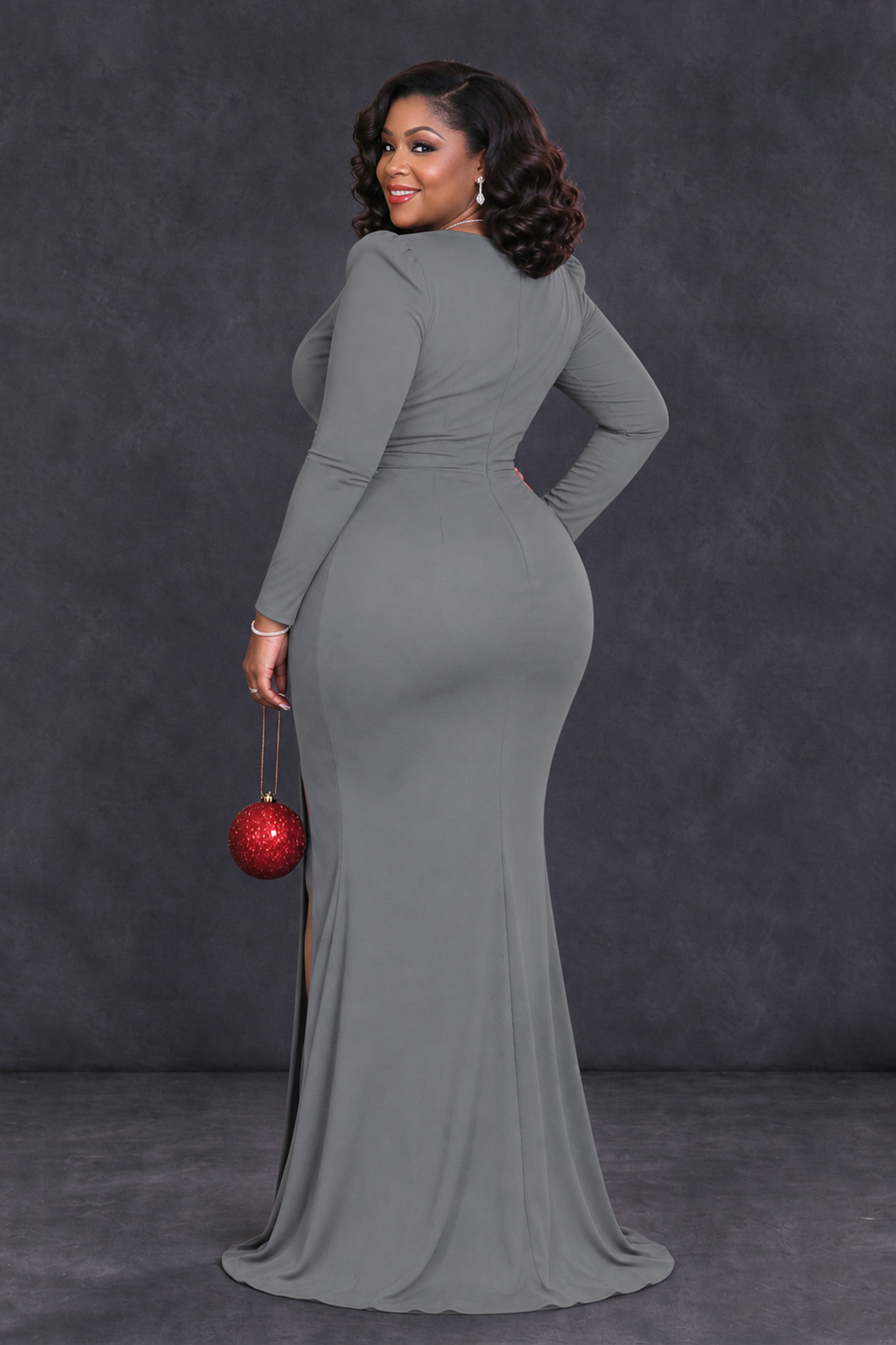 BOLODOO Grey Plus Size Long Sleeve V-Neck Mother of the Bride Dress with Slit - Grey - Grey_2