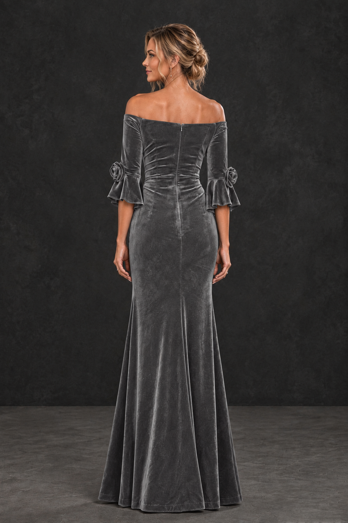 BOLODOO Grey Velvet Off-Shoulder Mother of the Bride Dress – 3/4 Floral Cuff Sleeve Mermaid Evening Gown - Grey - Grey_2