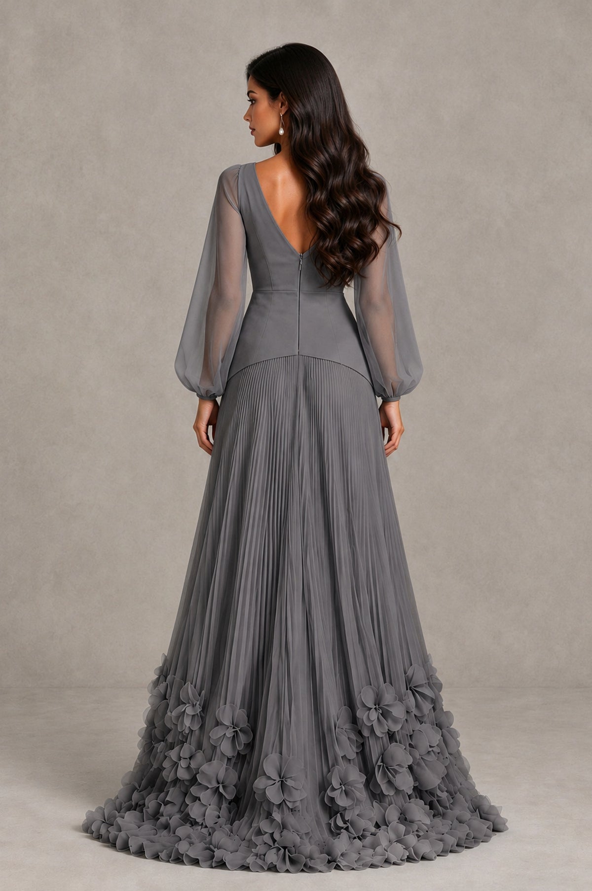 BOLODOO Grey V-Neck Long Sleeve Pleated Floral Hem Evening Dress - Grey - Grey_2