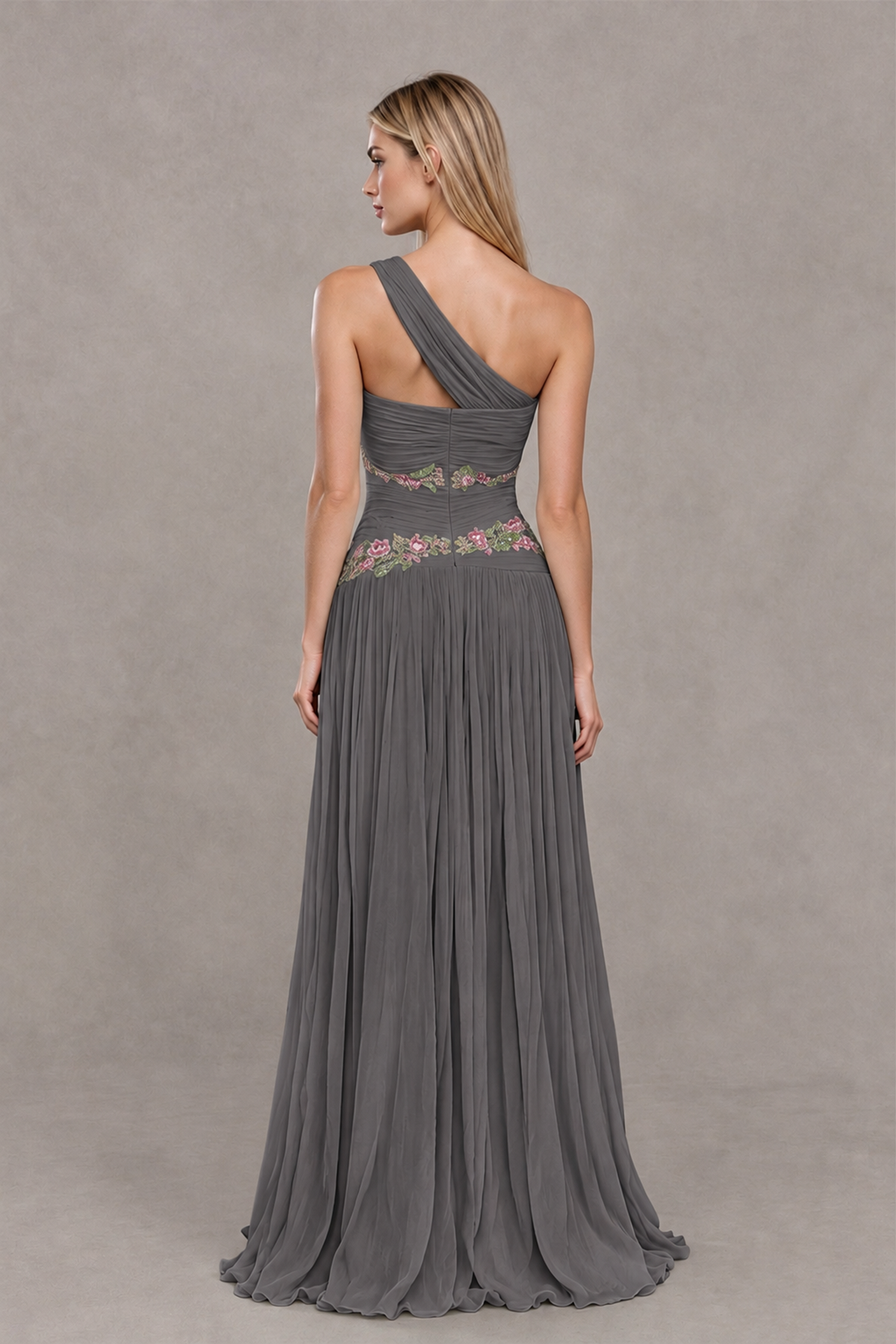 BOLODOO Grey One-Shoulder Floral Applique A-Line Evening Dress - Grey - Grey_2