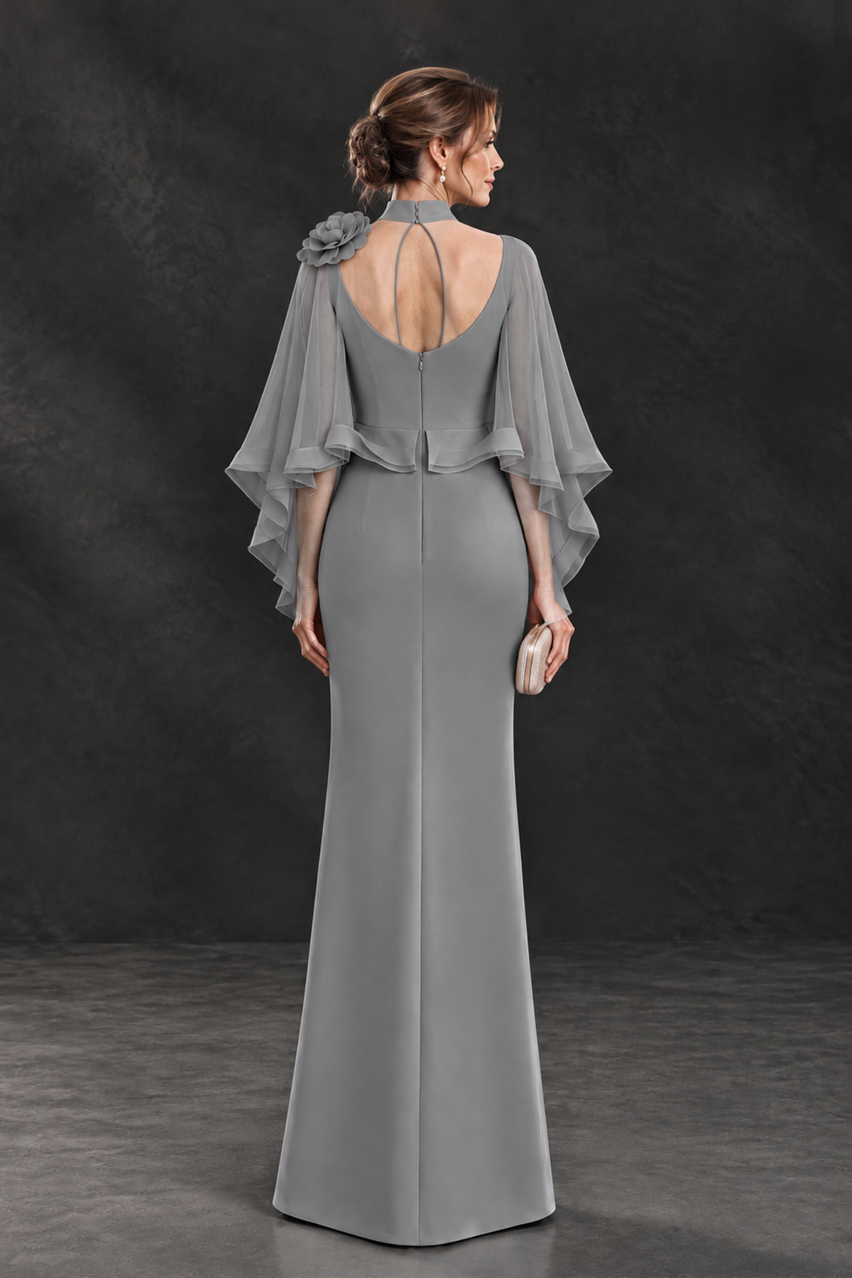 BOLODOO Grey Floral Cape Sleeve Mother of the Bride Dress - Grey - Grey_2