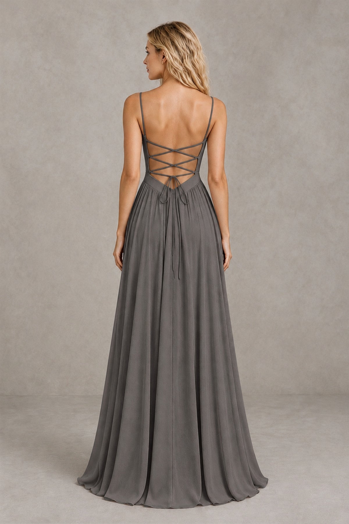 BOLODOO Grey Spaghetti Strap A-Line Bridesmaid Dress with Slit - Grey - Grey_2