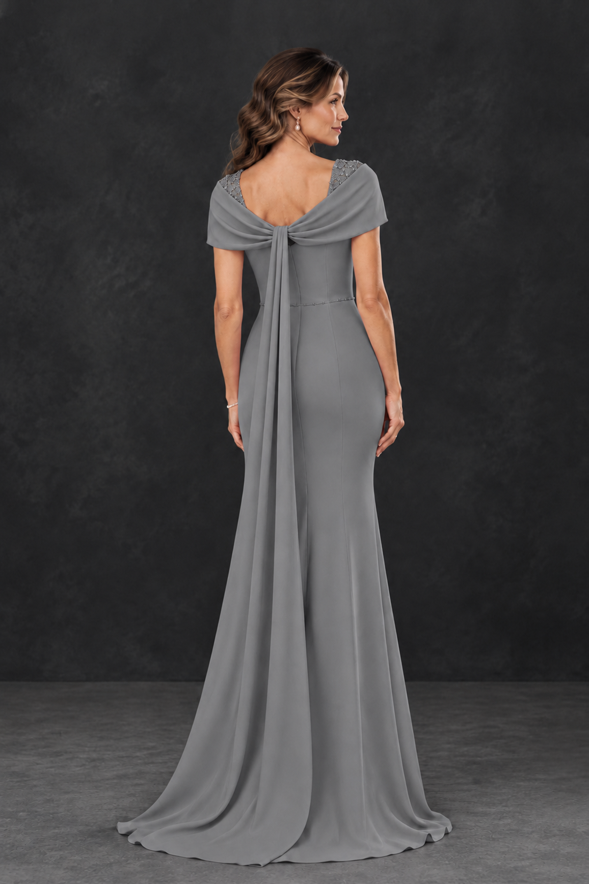 BOLODOO Grey Mother of the Bride Dress with Draped Cape Detail - Grey - Grey_2