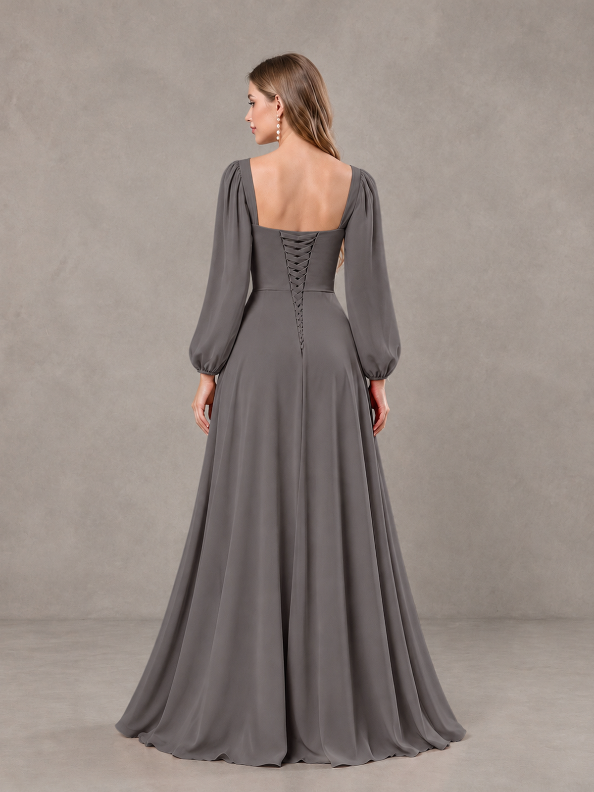 BOLODOO Grey Square Neck Long Sleeve Bridesmaid Dress with Ruffle Slit - Grey - Grey_2