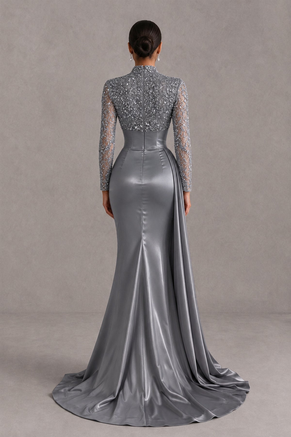 BOLODOO Grey Long Sleeve Embellished Satin Mermaid Evening Gown - Grey - Grey_2