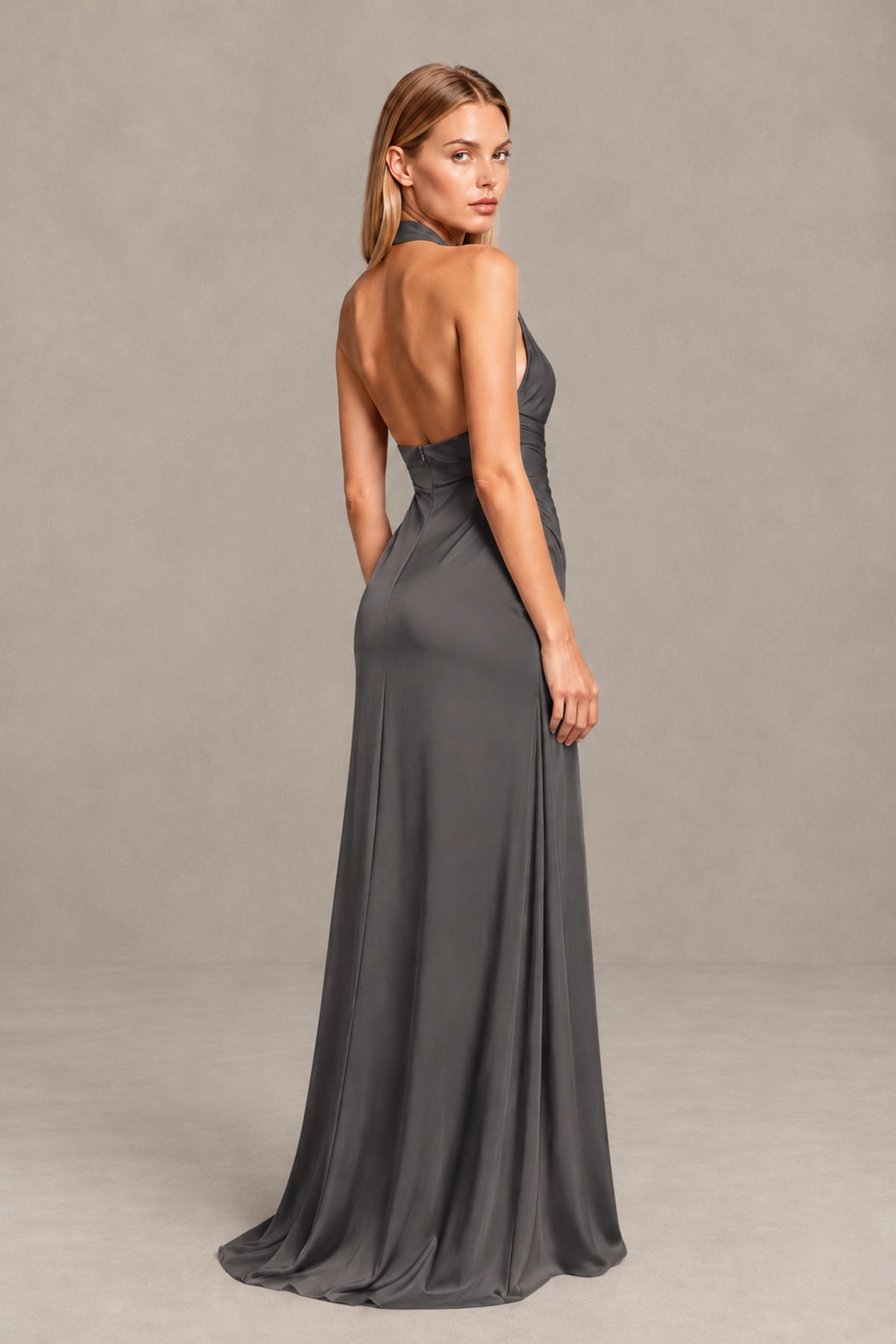 BOLODOO Grey Twisted Halter Neck Ruched Sleeveless Open Back Floor-Length Gown - Grey - Grey_2