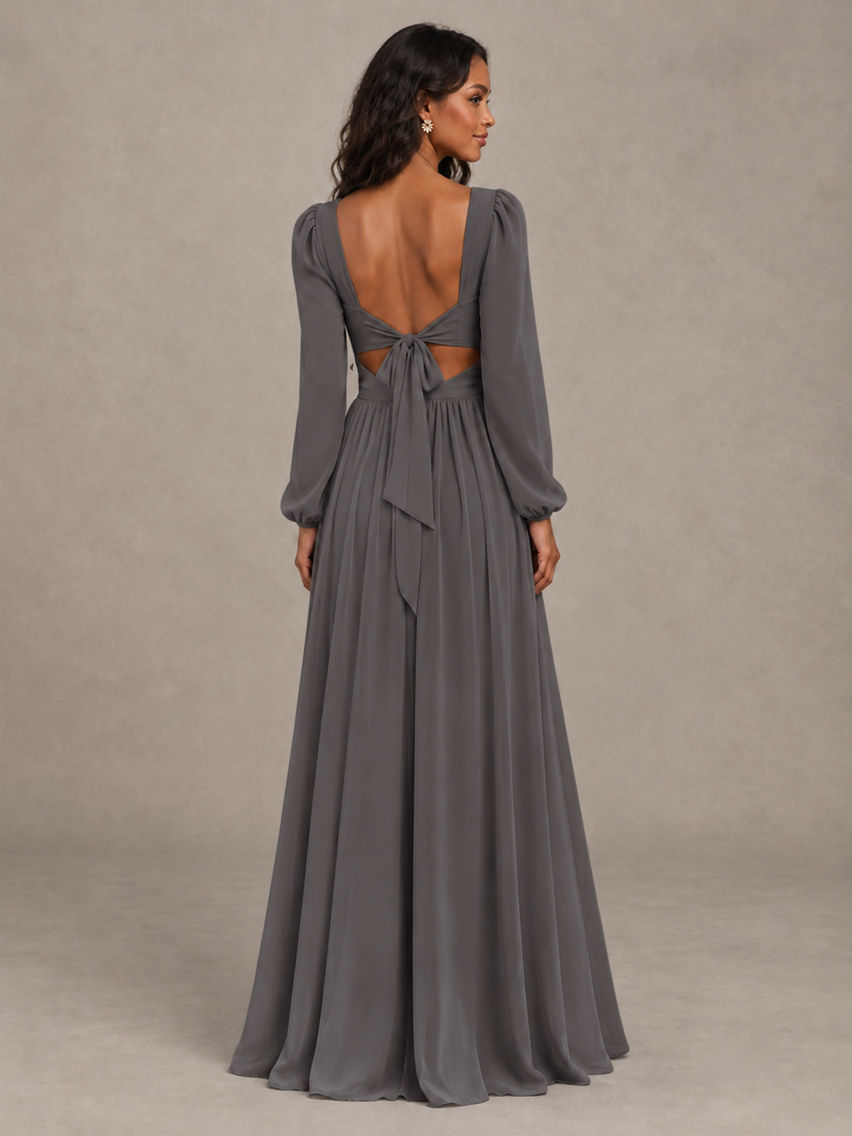 BOLODOO Grey V-Neck Long Sleeve Bridesmaid Dress with Tie Back and Slit - Grey - Grey_2