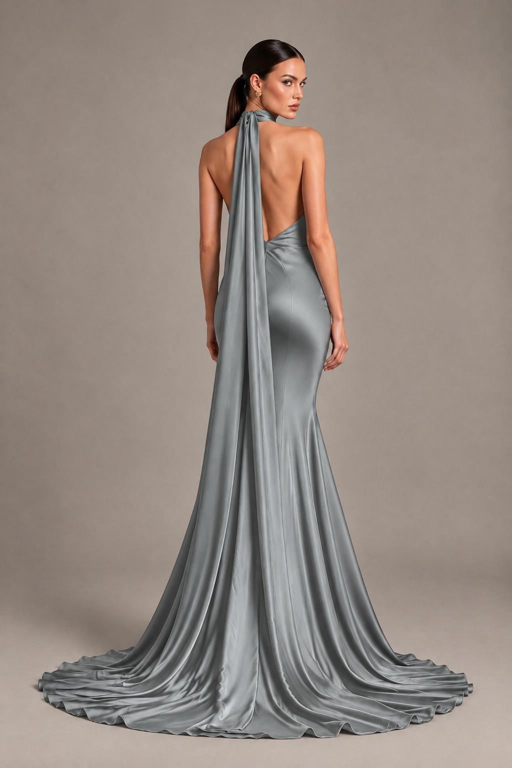 BOLODOO Grey One-Shoulder Satin Mermaid Evening Dress with Scarf - Grey - Grey_2