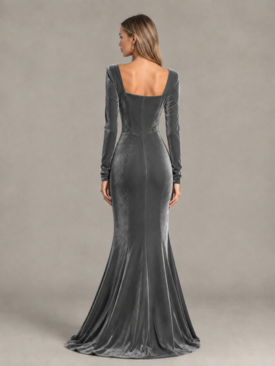 BOLODOO Grey Velvet-Look Square Neck Long Sleeve Mermaid Evening Dress - Grey - Grey_2
