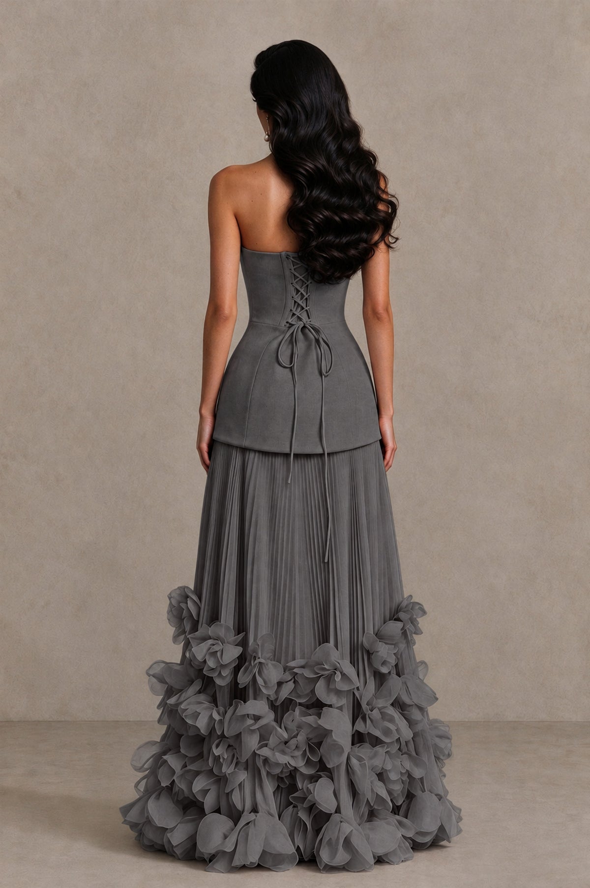 BOLODOO Grey Strapless Pleated Floral Hem Evening Gown - Grey - Grey_2