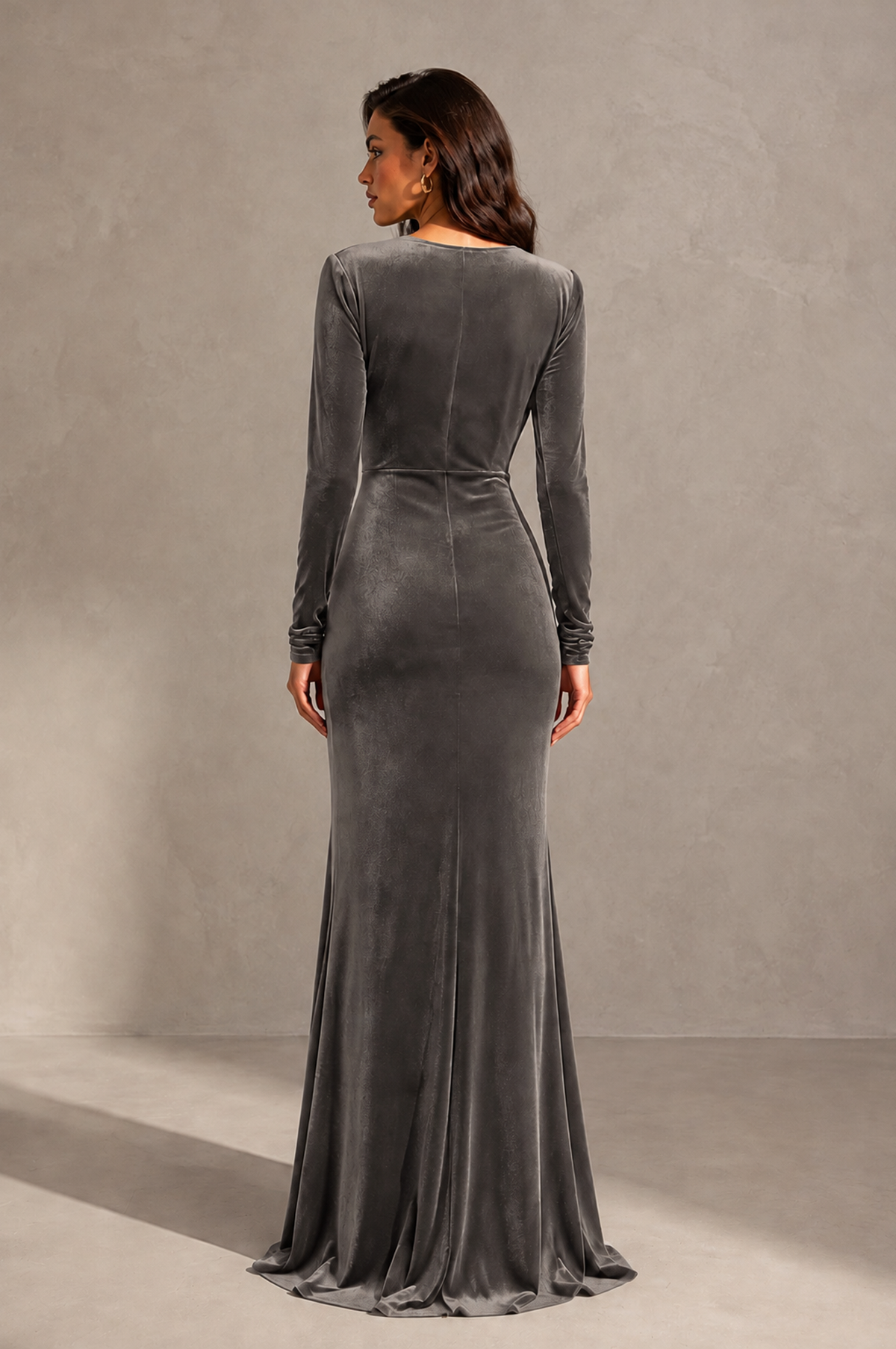 BOLODOO Grey Velvet Long Sleeve V-Neck Ruched Evening Gown - Grey