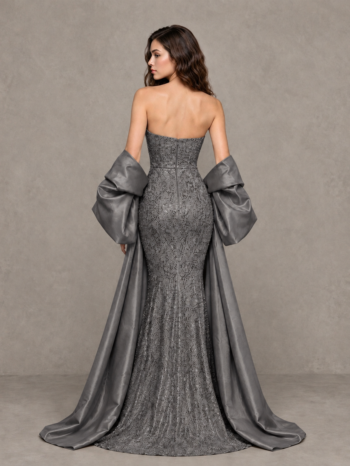 BOLODOO Grey Strapless Sparkle Mermaid Prom Dress with Front Slit and Draped Sleeves - Grey - Grey_2