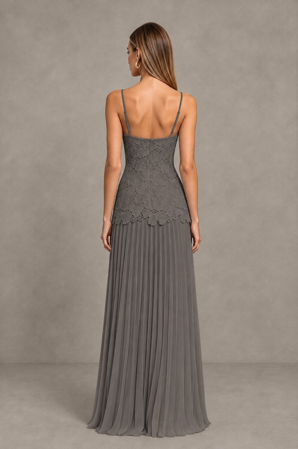 BOLODOO Grey Lace Bodice Pleated Wedding Guest Dress - Grey - Grey_2