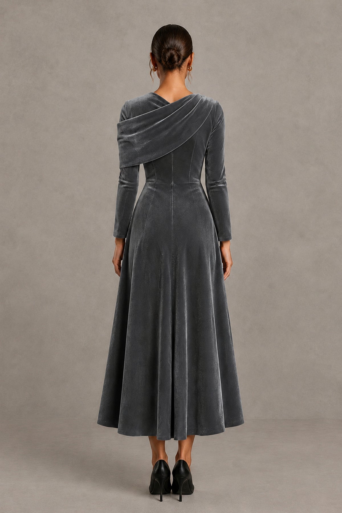 BOLODOO Grey Velvet-Look Long Sleeve Tea-Length A-Line Dress with Draped Neckline - Grey - Grey_2