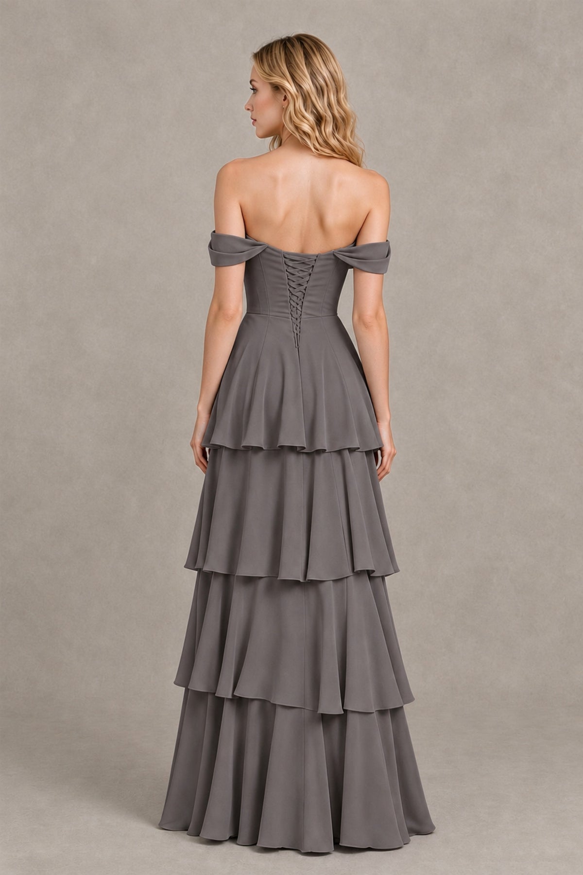 BOLODOO Grey Off-the-Shoulder Tiered A-Line Evening Bridesmaid Dress - Grey - Grey_2