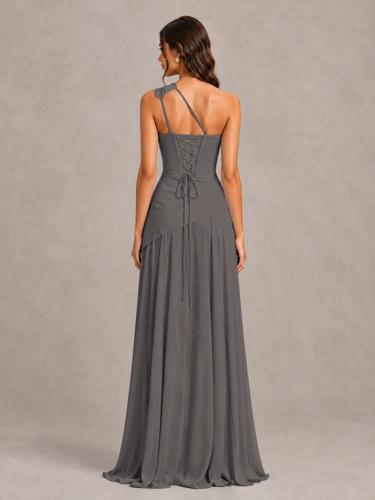 BOLODOO Grey One-Shoulder Lace-Up Back Bridesmaid Dress - Grey - Grey_2