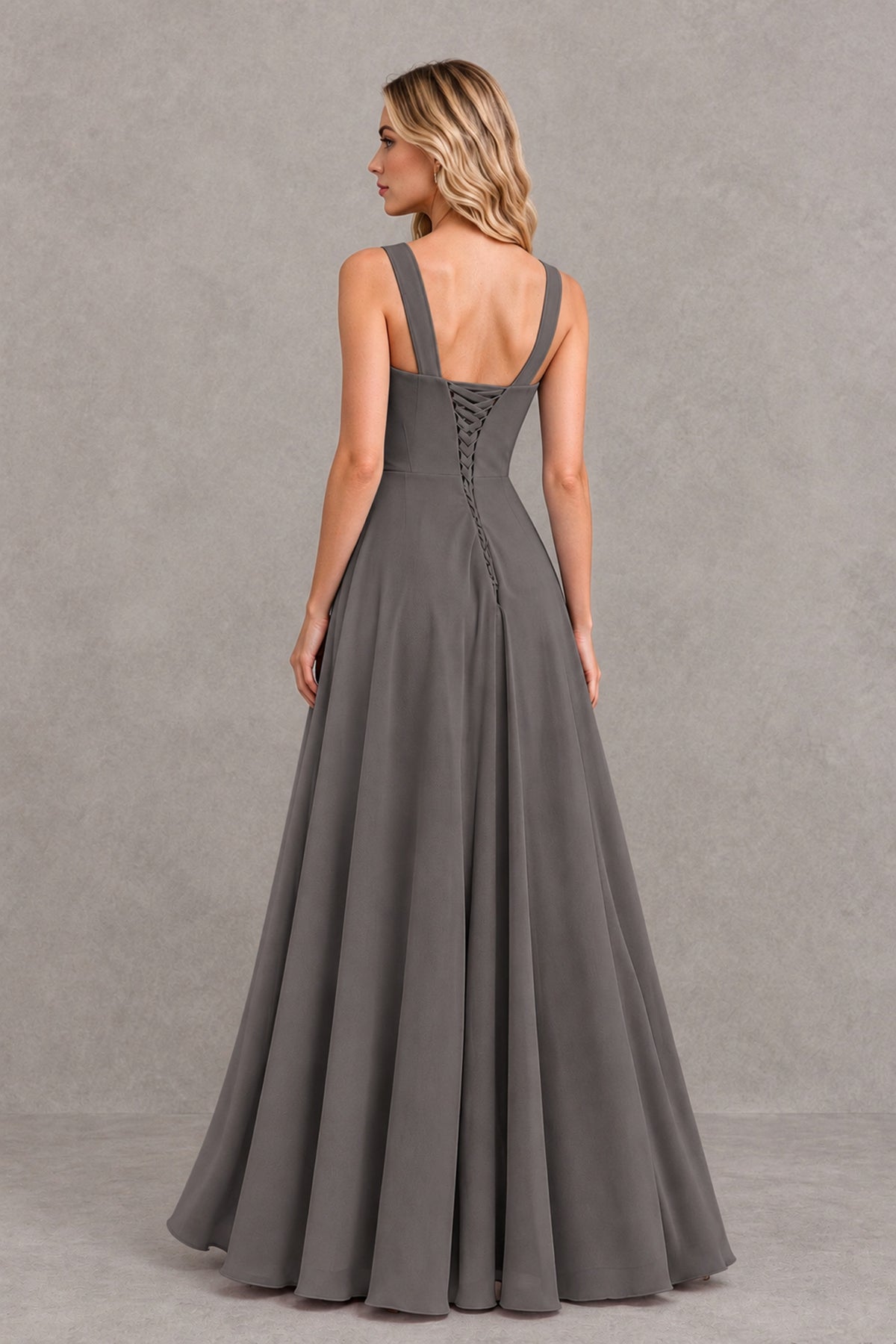 BOLODOO Grey Square Neck Ruffle A-Line Bridesmaid Dress with Slit - Grey - Grey_2