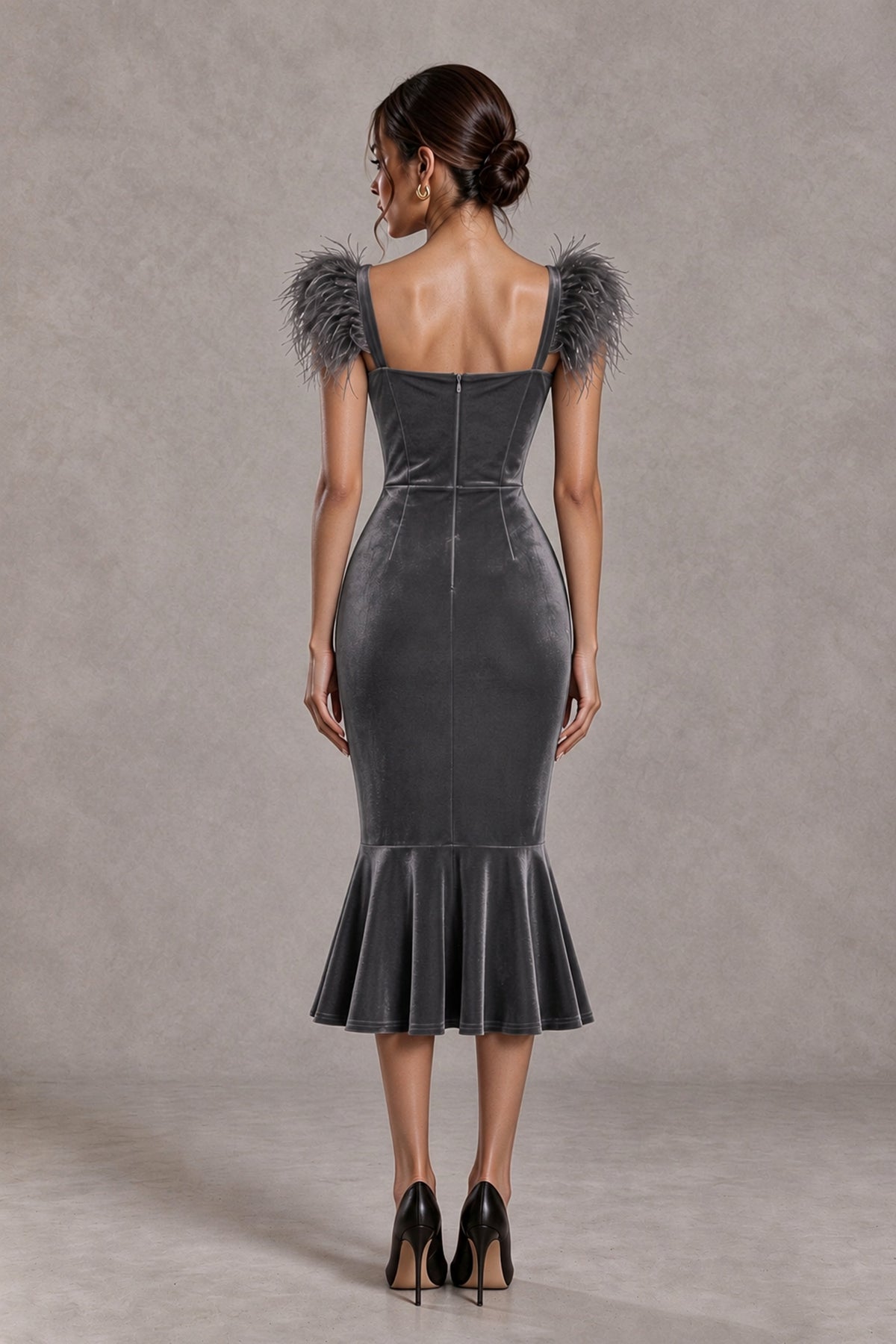BOLODOO Grey Feather-Trim Velvet-Look Mermaid Midi Dress - Grey - Grey_2
