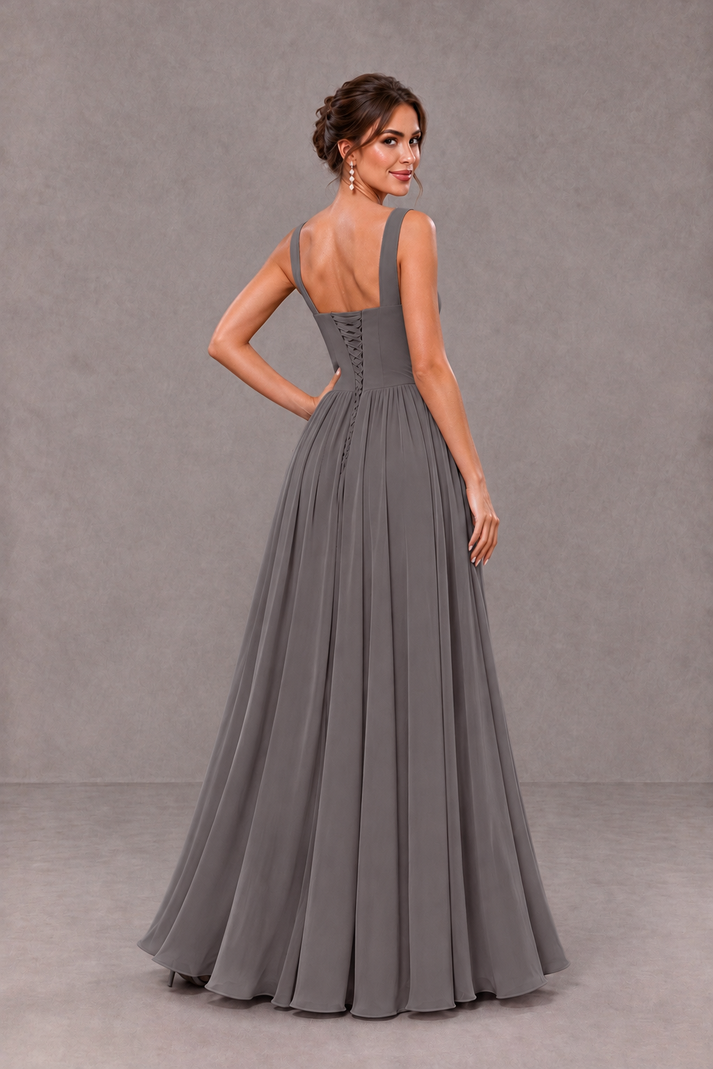 BOLODOO Grey Square Neck A-Line Bridesmaid Dress with Slit - Grey - Grey_2