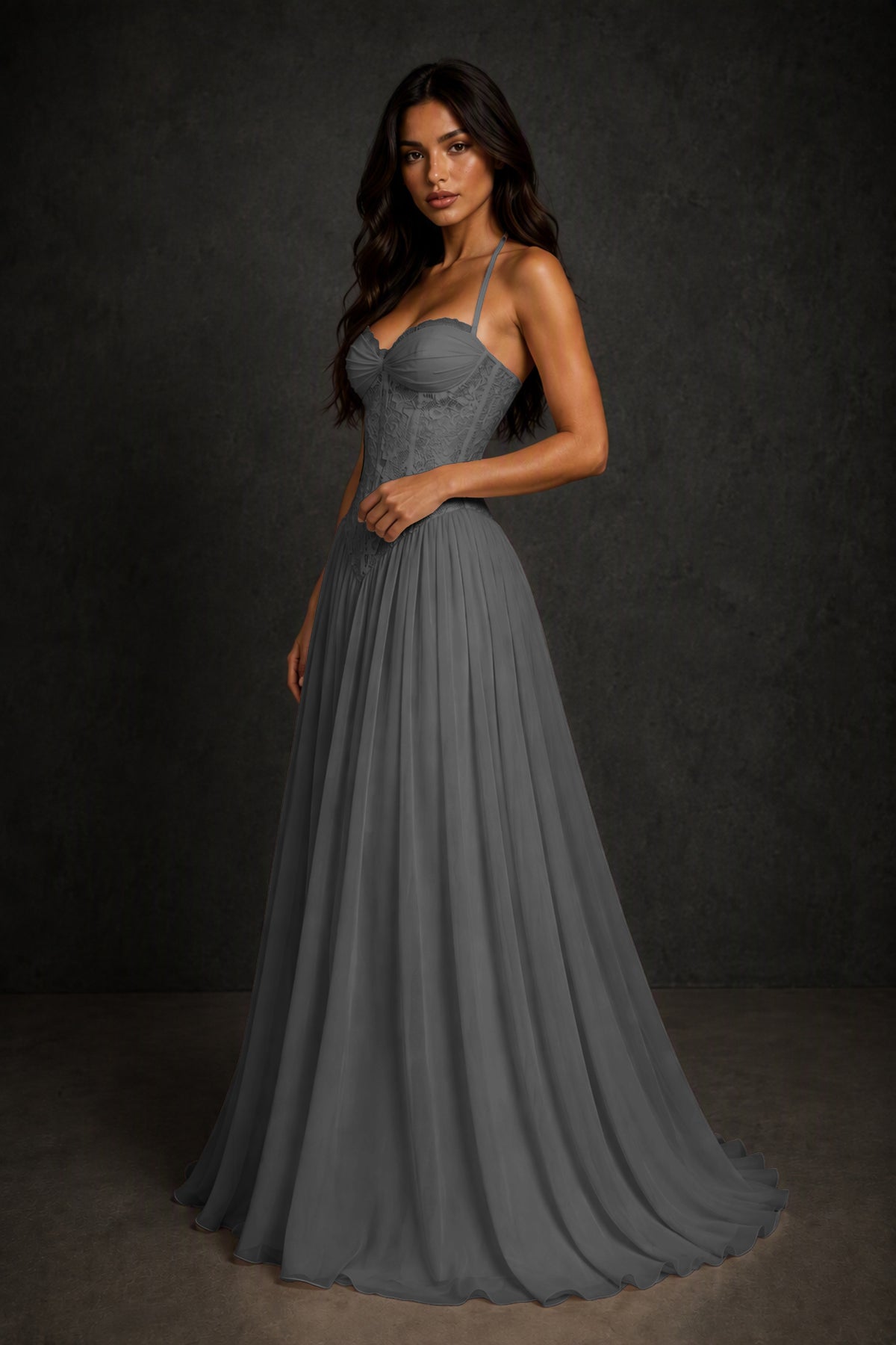 BOLODOO Grey Lace Corset Halter Maxi Gown – Backless A-Line Formal Dress - Grey