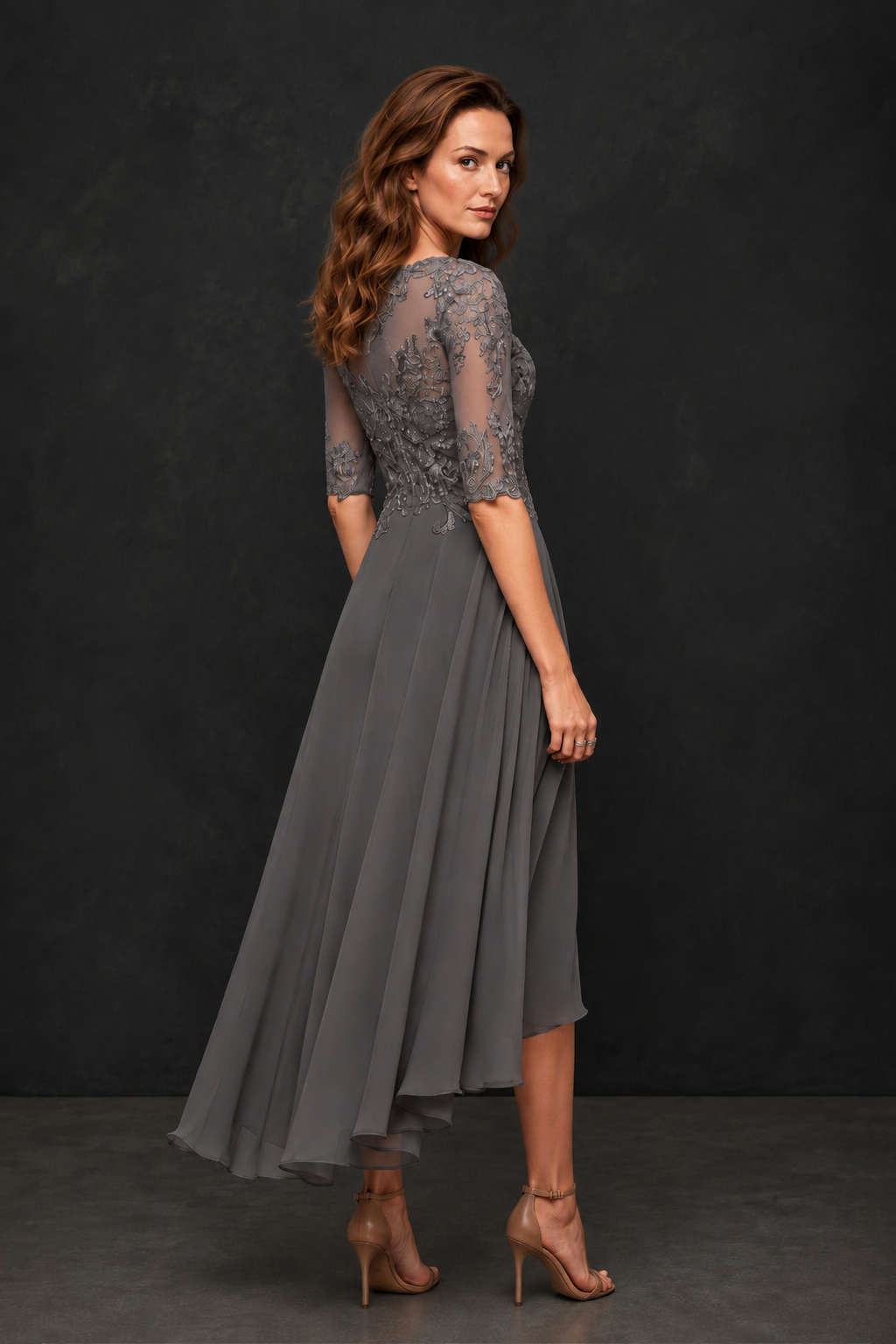 BOLODOO Grey Illusion Lace 3/4 Sleeve Hi-Lo Chiffon A-Line Dress | Mother of the Bride Tea Length Dress - Grey