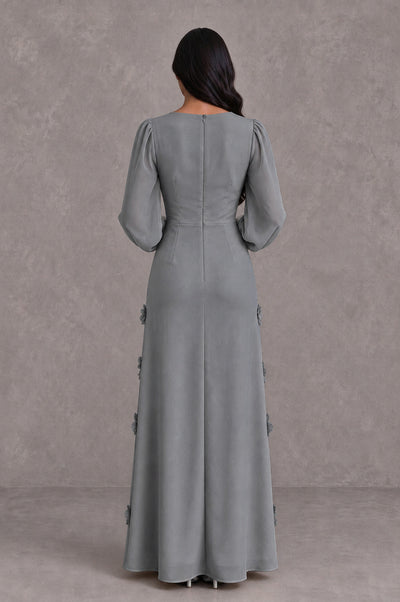 BOLODOO Grey Long Sleeve Floral Applique A-Line Evening Dress - Grey - Grey_2