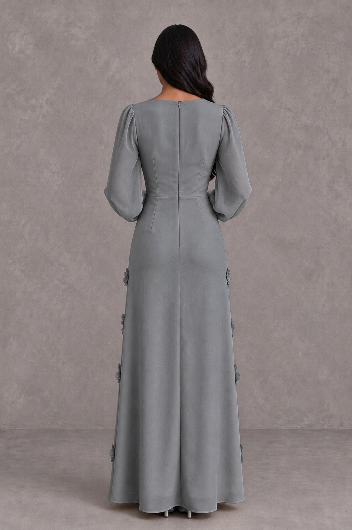 BOLODOO Grey Long Sleeve Floral Applique A-Line Evening Dress - Grey - Grey_2