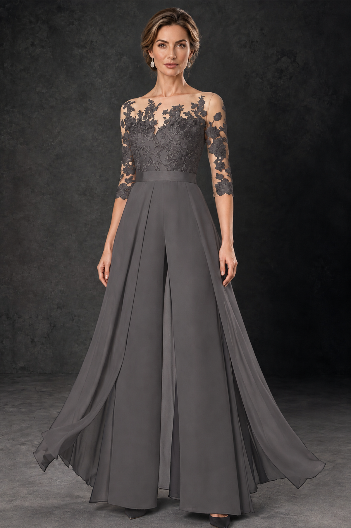 BOLODOO Grey Lace Wide-Leg Jumpsuit with Three-Quarter Sleeves - Grey - Grey_2