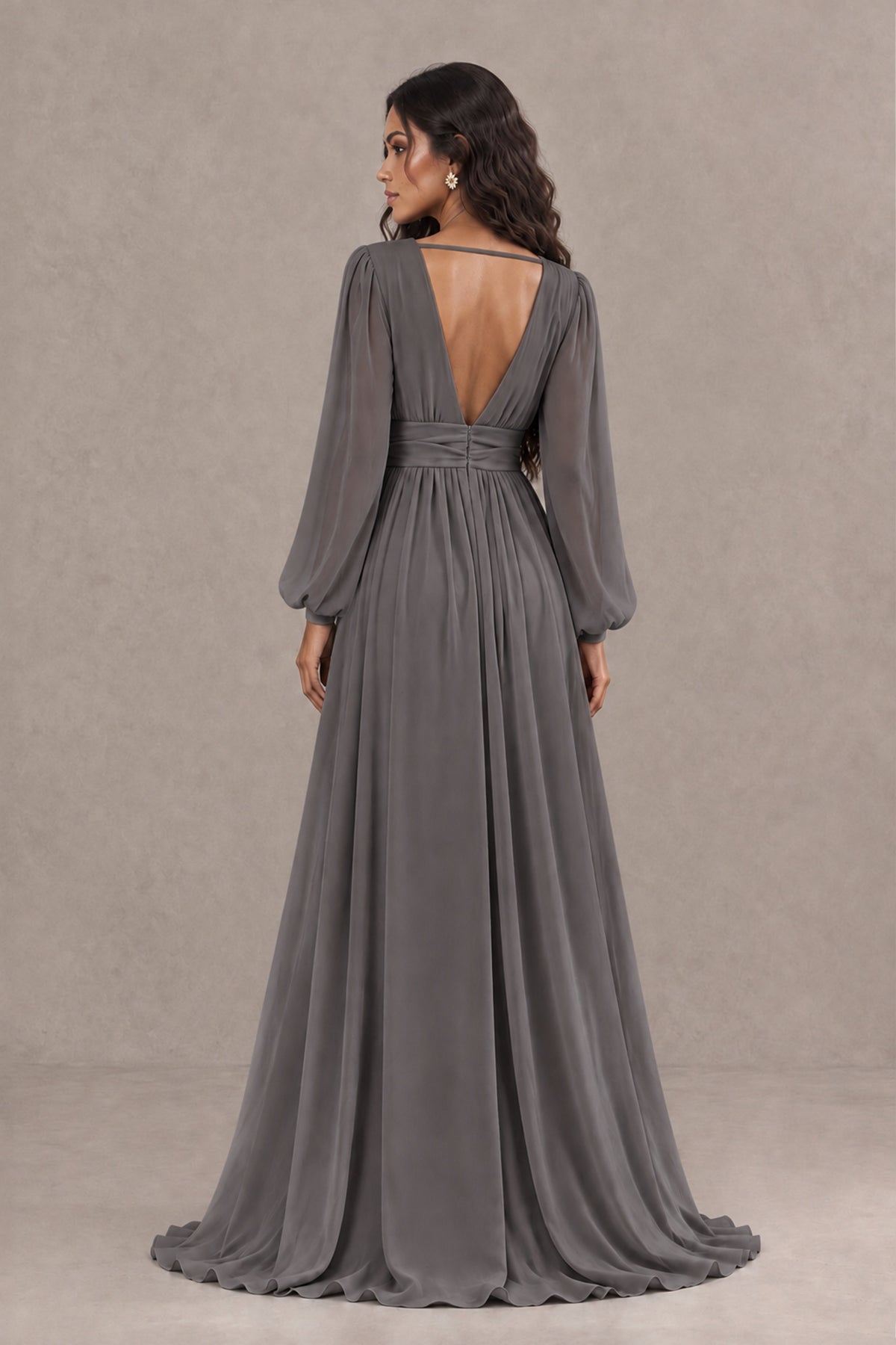 BOLODOO Grey Long Sleeve V-Neck A-Line Gown with Open Back & Slit - Grey - Grey_2