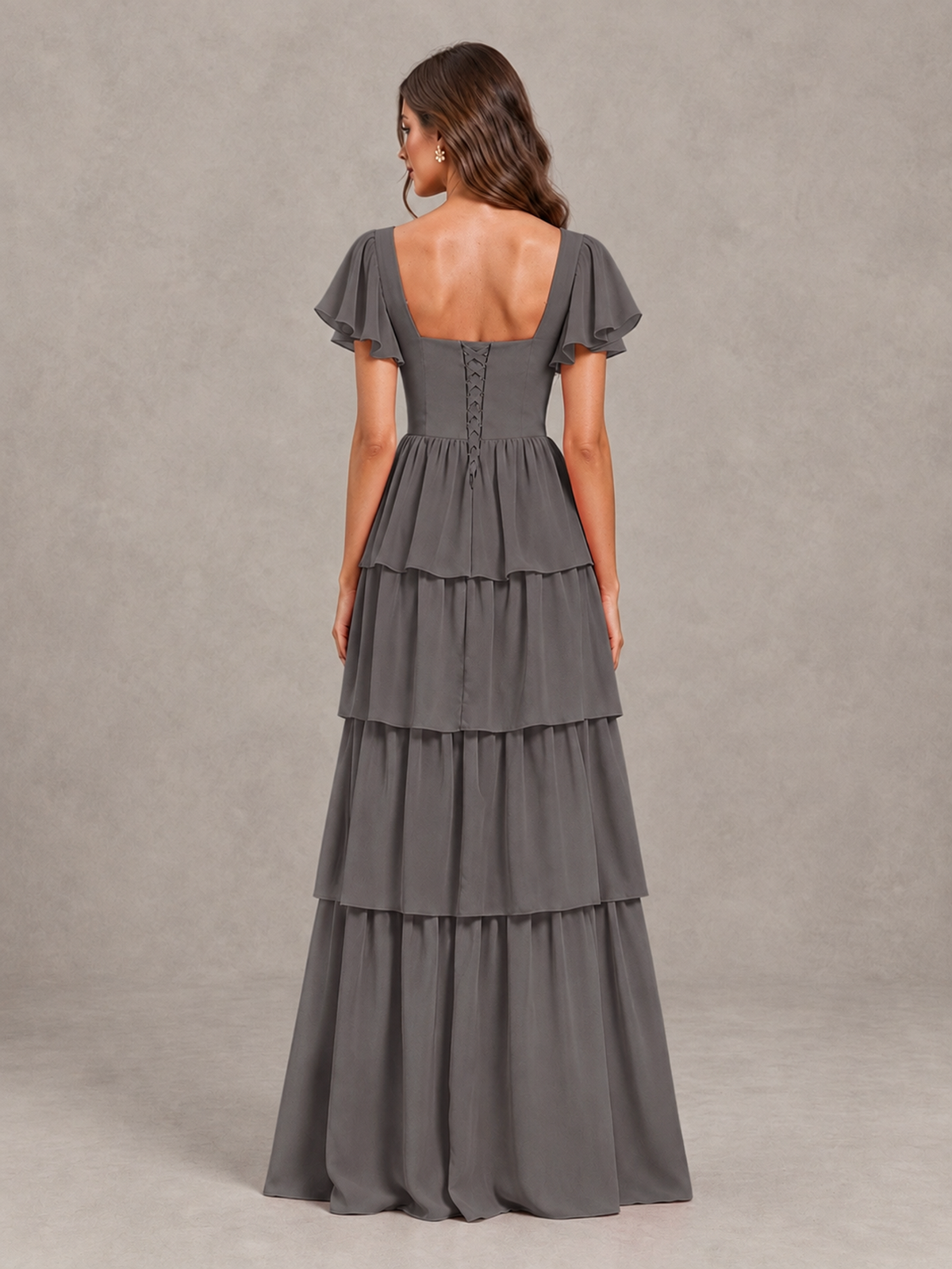 BOLODOO Grey Flutter Sleeve Tiered Maxi Bridesmaid Dress - Grey - Grey_2