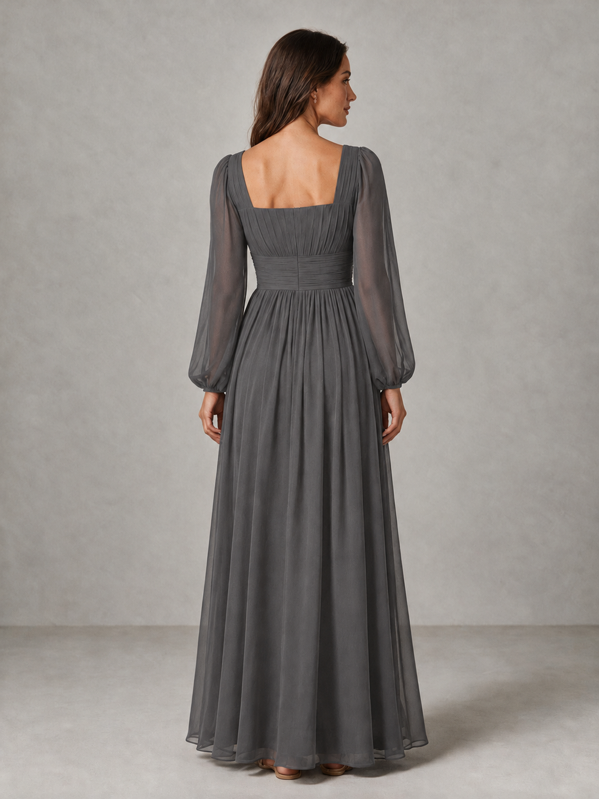 BOLODOO Grey Square Neck Long Sleeve Chiffon Bridesmaid Dress - Grey - Grey_2