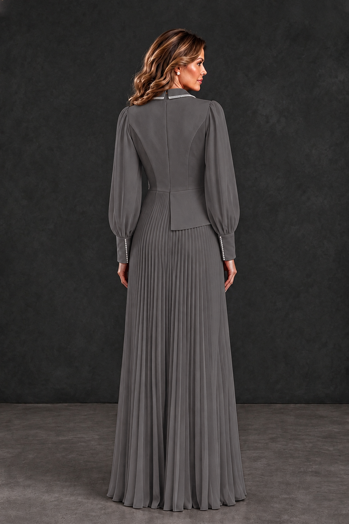 BOLODOO Grey Long Sleeve Pleated Mother of the Bride Dress - Grey - Grey_2