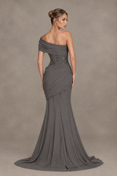 BOLODOO Grey One-Shoulder Sequin Embroidered Ruched Mermaid Gown with Train - Grey - Grey_2