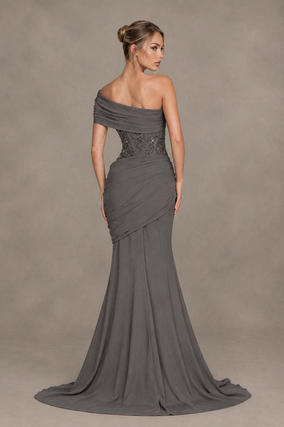 BOLODOO Grey One-Shoulder Sequin Embroidered Ruched Mermaid Gown with Train - Grey - Grey_2