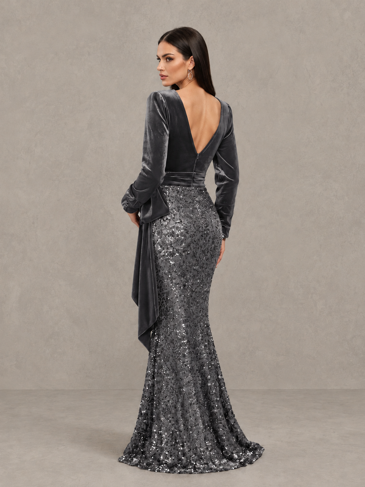 BOLODOO Grey Velvet & Sequin Long Sleeve V-Neck Mermaid Evening Gown - Grey - Grey_2
