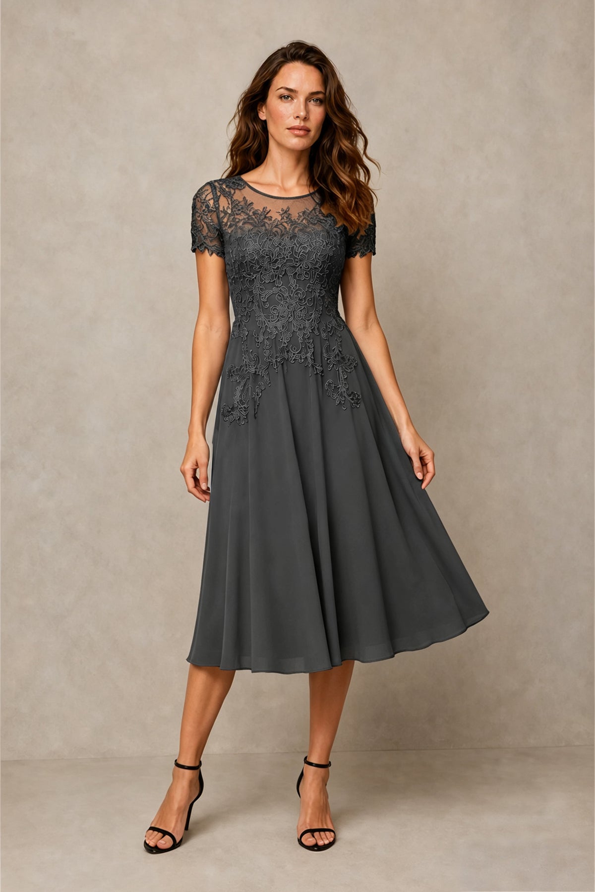 BOLODOO Steel Grey Beaded Lace Illusion Bodice Chiffon Tea-Length Dress | Mother of the Bride & Cocktail Party - Grey