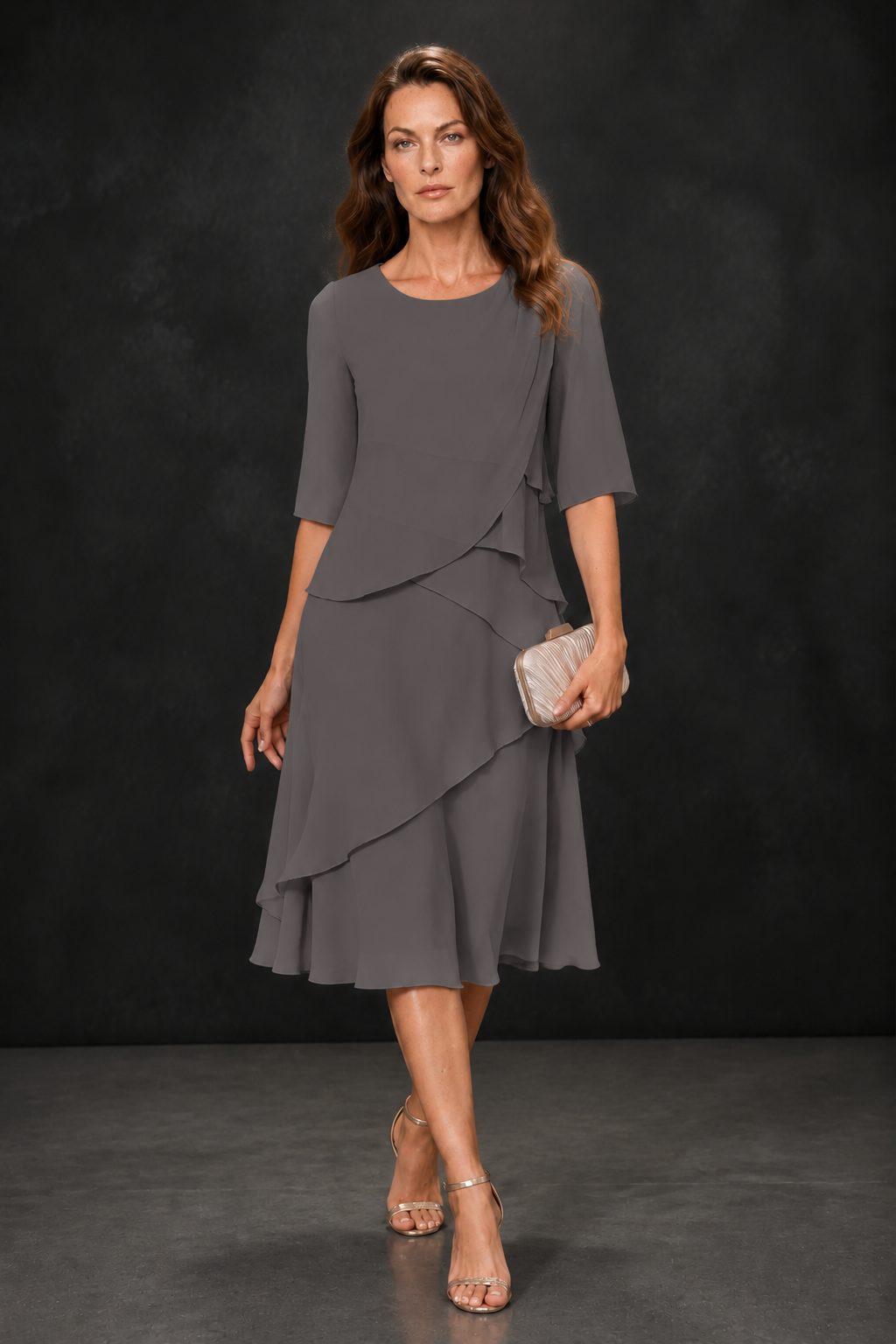 BOLODOO Grey Chiffon 3/4 Sleeve Asymmetric Tiered Tea Length Dress | Mother of the Bride Midi Dress - Grey