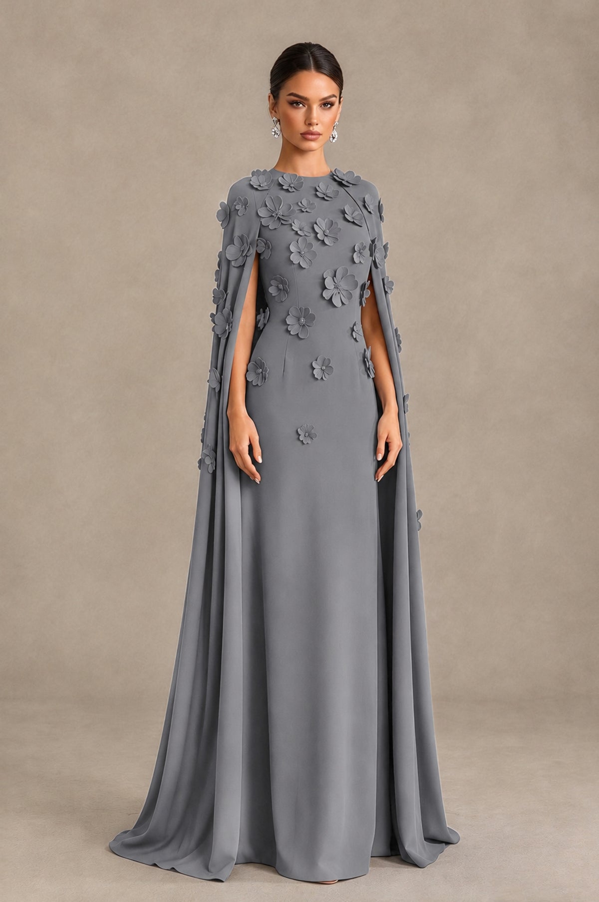 BOLODOO Grey 3D Floral Applique Cape Formal Dress - Grey - Grey_3