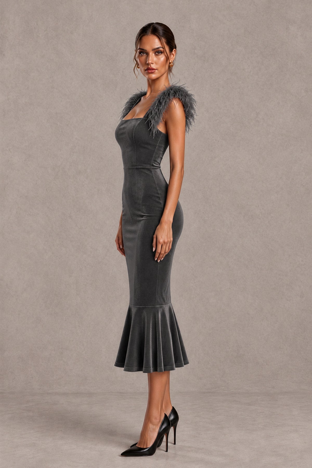 BOLODOO Grey Feather-Trim Velvet-Look Mermaid Midi Dress - Grey - Grey_3