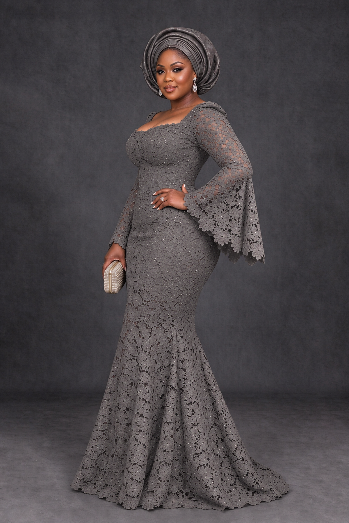 BOLODOO Grey African Lace Mermaid Dress, Plus Size Nigerian Wedding Guest Gown with Bell Sleeves - Grey - Grey_3