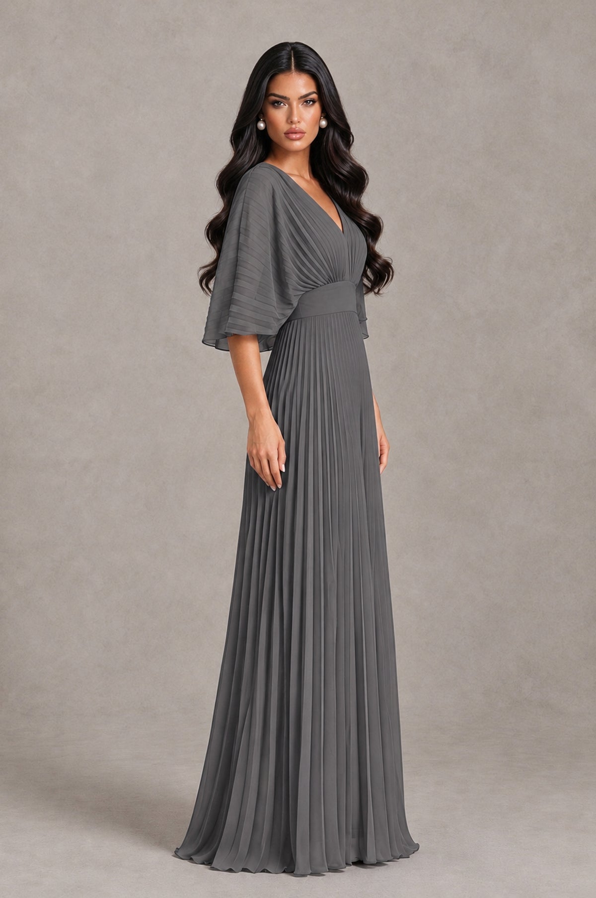 BOLODOO Grey V-Neck Pleated Flutter Sleeve Formal Dress - Grey - Grey_3