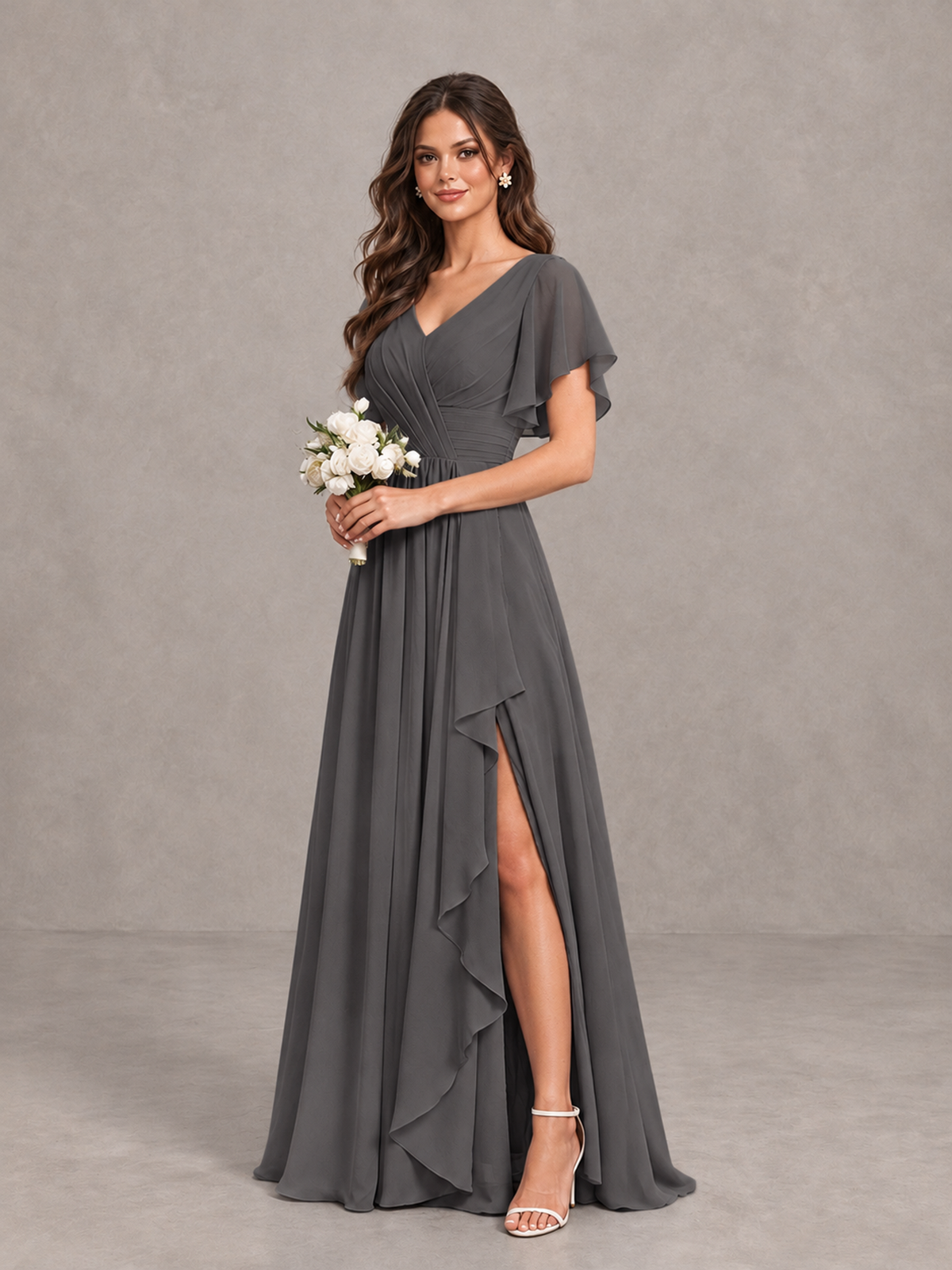 BOLODOO Grey Flutter Sleeve V-Neck Bridesmaid Dress with Ruffle Slit - Grey - Grey_3